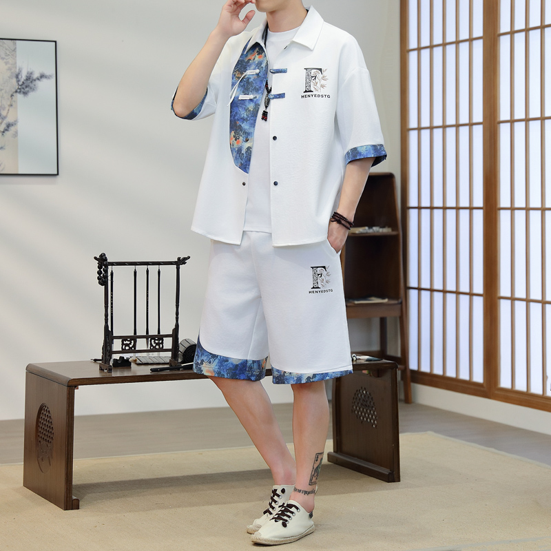 Resort Shirt Floral - 夏用メンズ2ピース着物セット ブルー花柄プリント - 半袖シャツとショートパンツのセット リゾートラウンジウェアセット