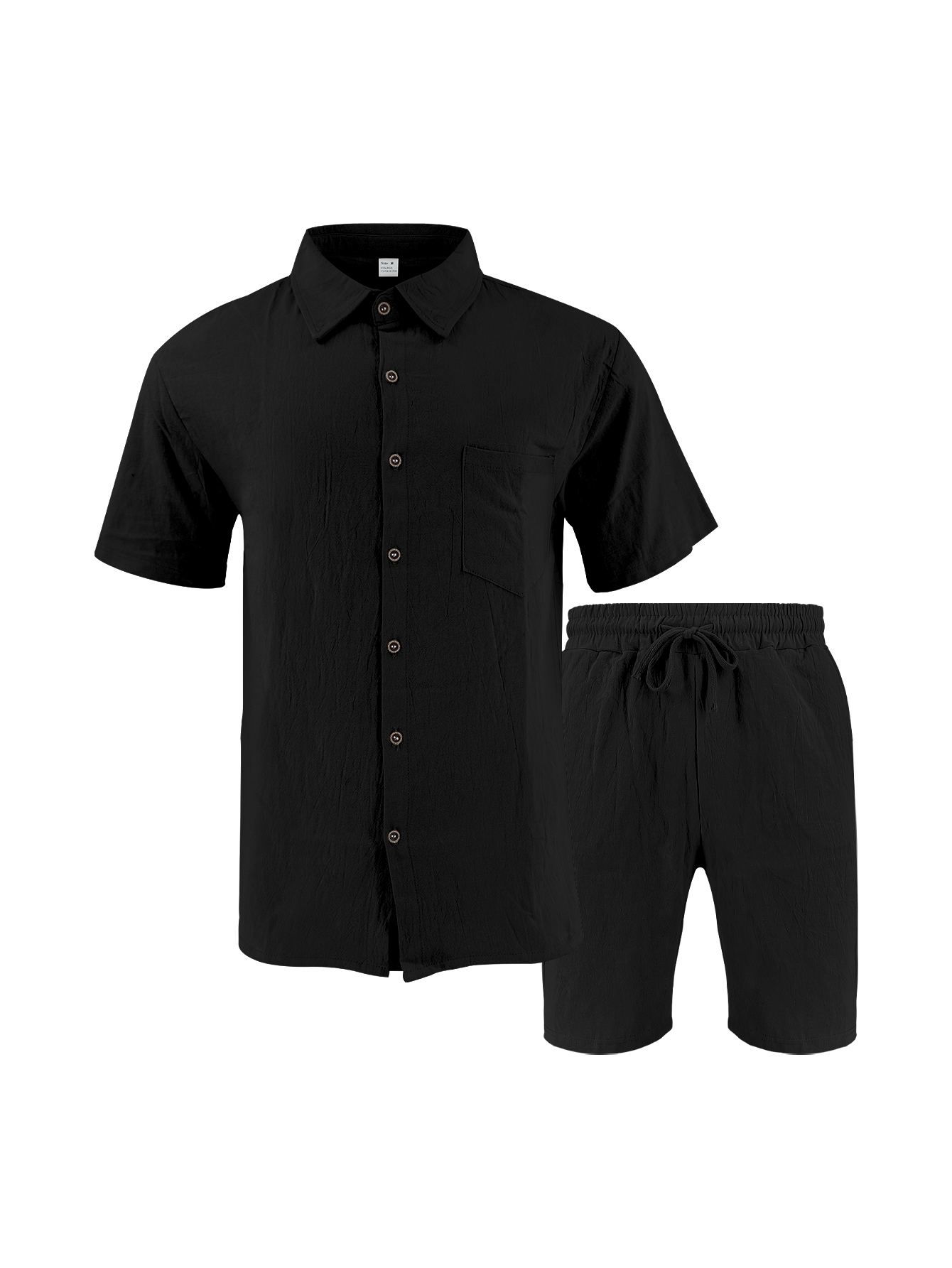 Short Linen Drawstring - メンズリネンテクスチャードツーピースセット、襟付き半袖シャツ＆ドローストリングカジュアルショーツ、通気性のある夏休み用衣装