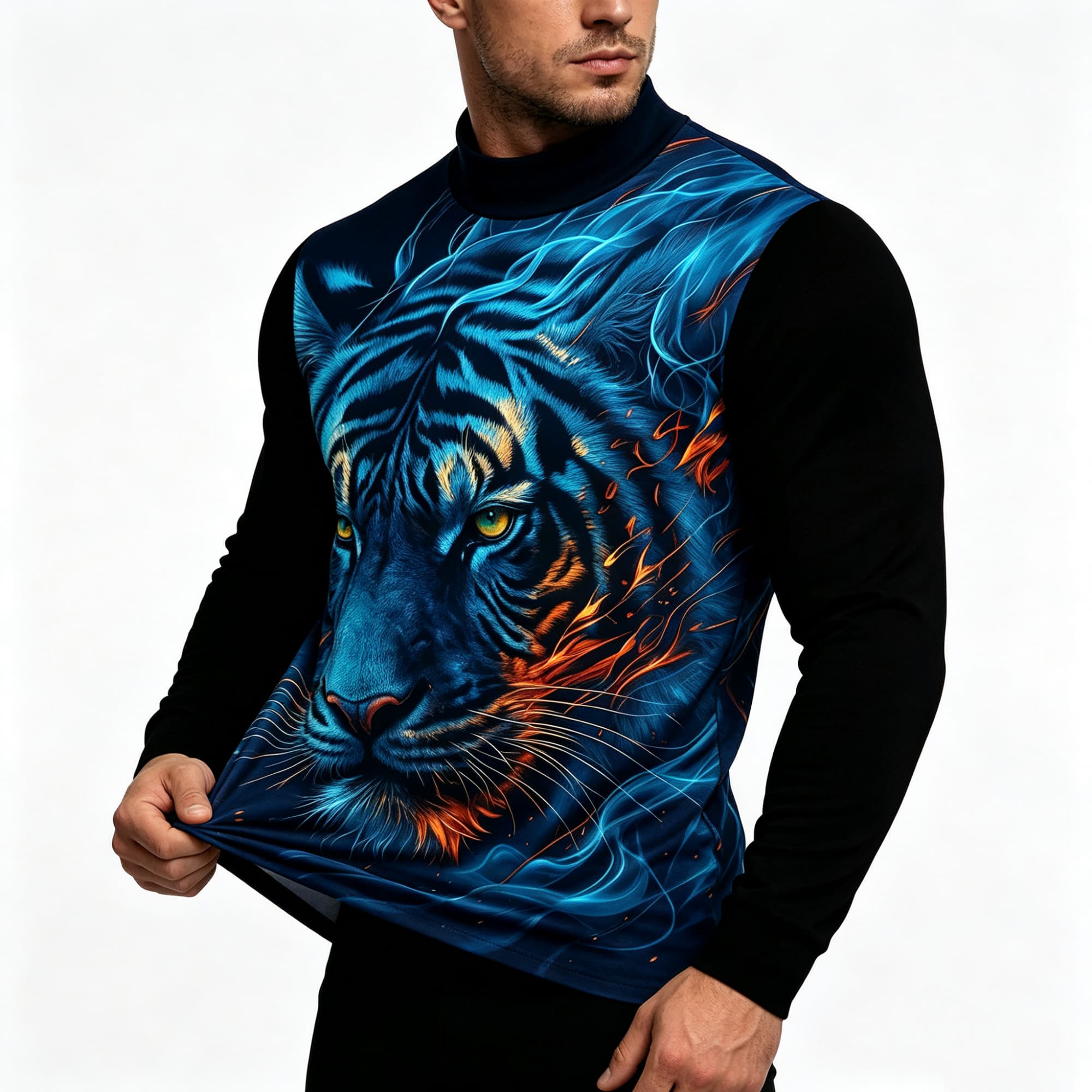 ネオンブルーフレイムタイガー アニマルアート 3Dプリント  - Tee Graphic Print のレビューと価格