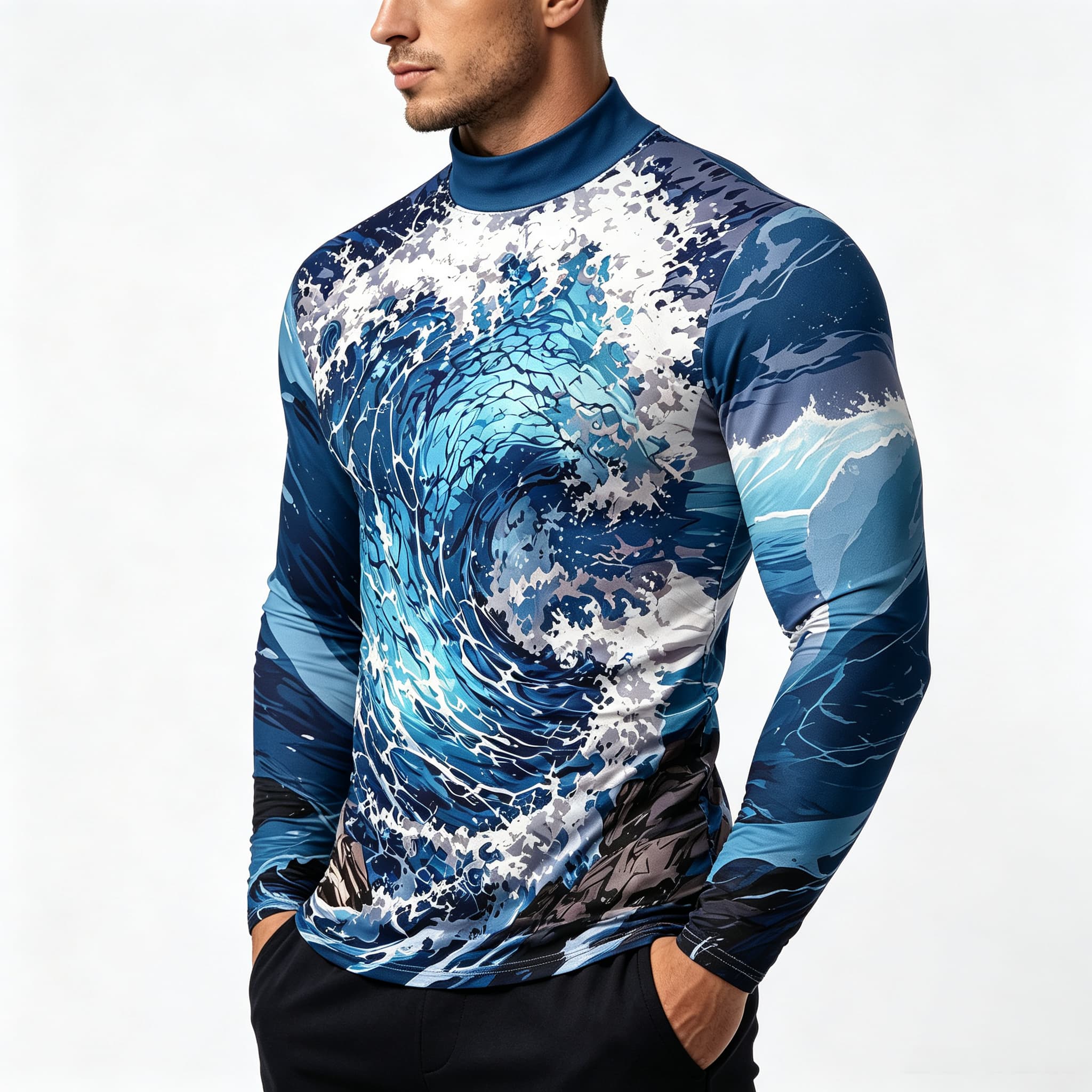 ヴィンテージオーシャンサーフウェーブプリントメンズモックネッ - Tee Graphic Print のレビューと価格