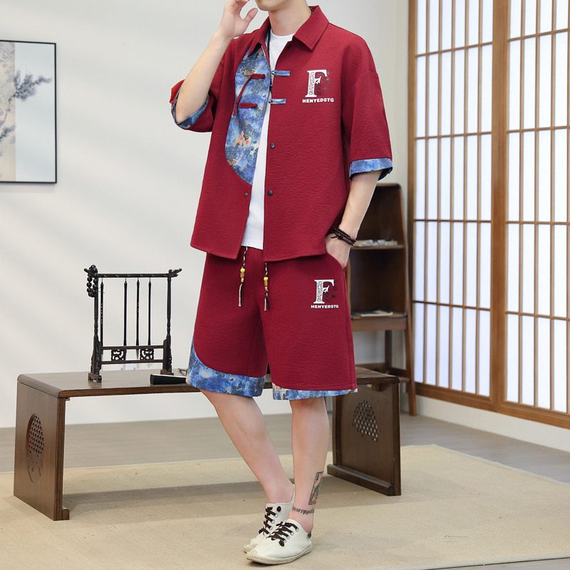 夏用メンズ2ピース着物セット ブルー花柄プリント - 半袖シ - Resort Shirt Floral のレビューと価格