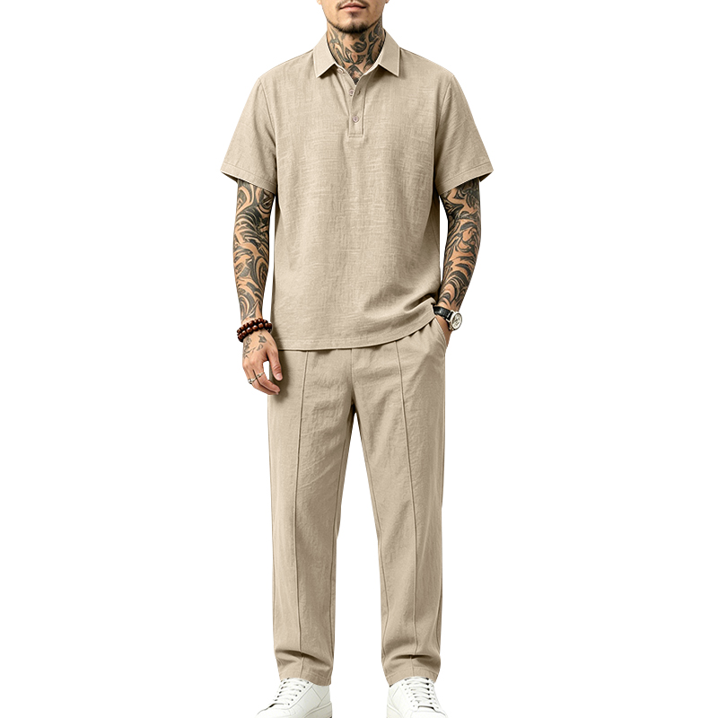 メンズ2ピースポロセット半袖襟付きポロシャツ＆ストレートロン - Short Linen Drawstring のレビューと価格